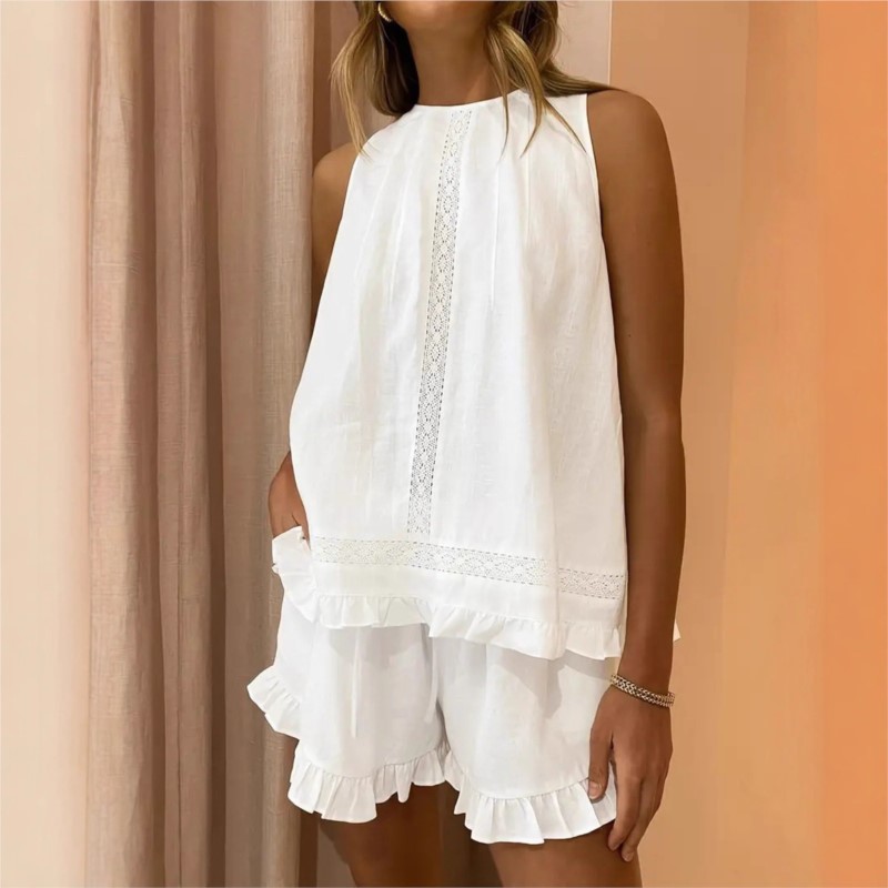 Elastic Lace Trim - Nowy Damski Letni Zestaw 2-częściowy Biały